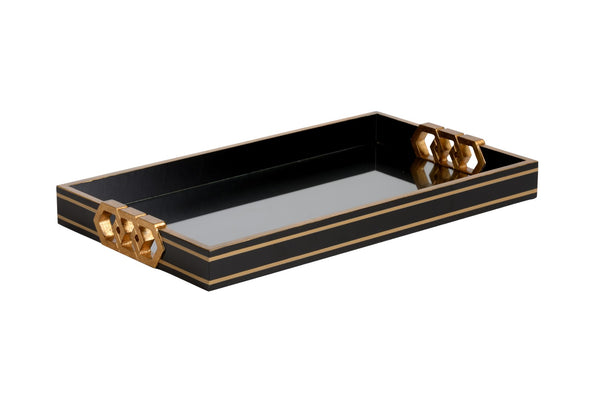 Chelsea House Copas Black Serving Tray With Satin Gold Honeycomb & Pinstripe Accents — Luxe Durable Entertainer Decor 385357