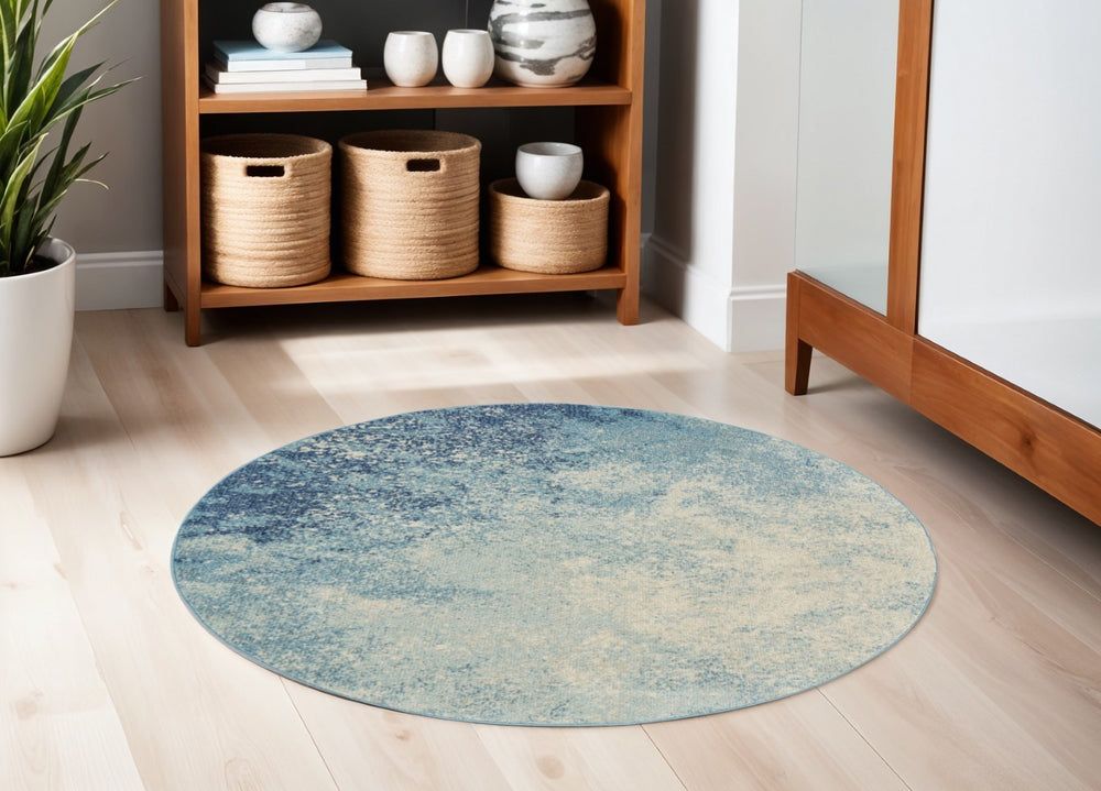 HomeRoots 5' Abstract Area Rug in Blue and Ivory - Modern Design for Stylish Living Rooms and Home Offices 5' Round Round 385370