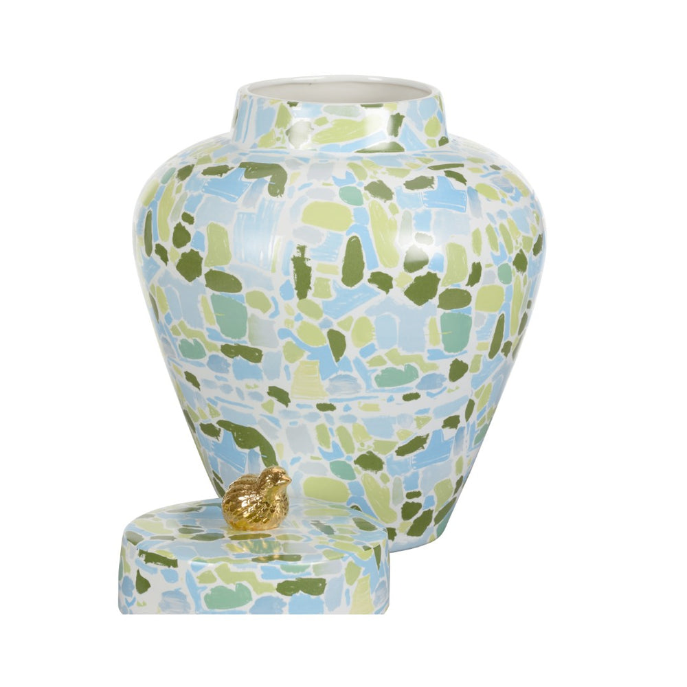 Chelsea House Lumberton Handcrafted Ceramic Jar With Removable Lid And Gold Quail Accent, Blue-Green 19.5"H 385377