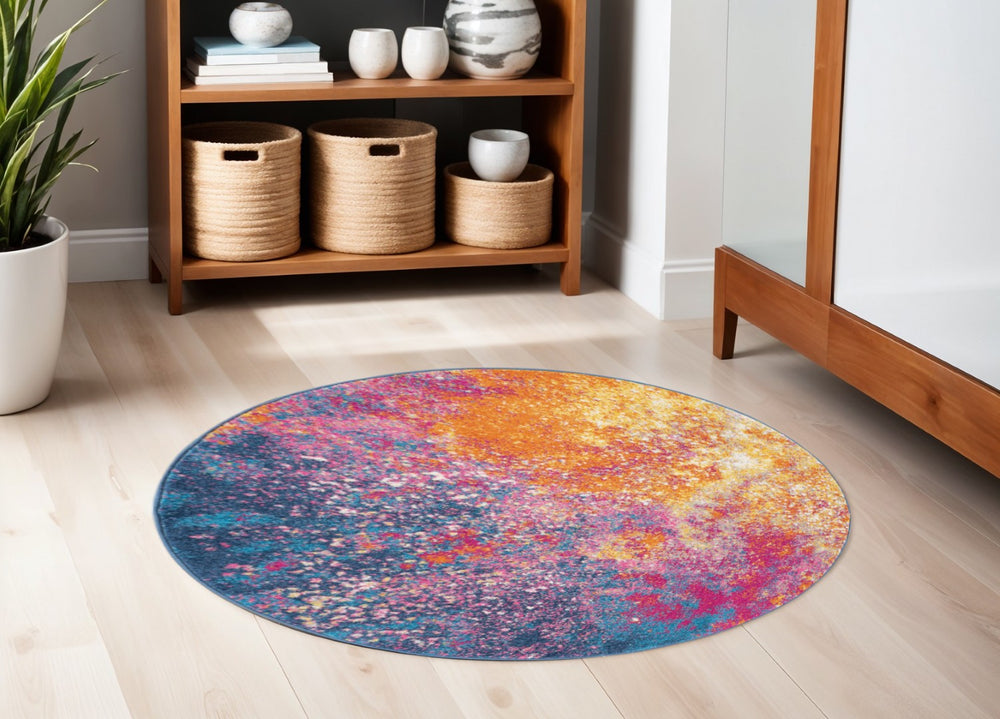 HomeRoots 5' Vibrant Blue and Orange Abstract Area Rug – Modern Design for Living Rooms, Bedrooms, and Offices 5? Round 385380