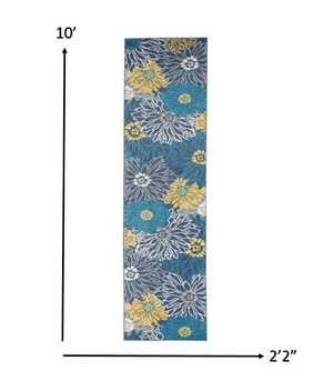 Homeroots 10' Blue Floral Power Loom Runner Rug  Polypropylene 385398