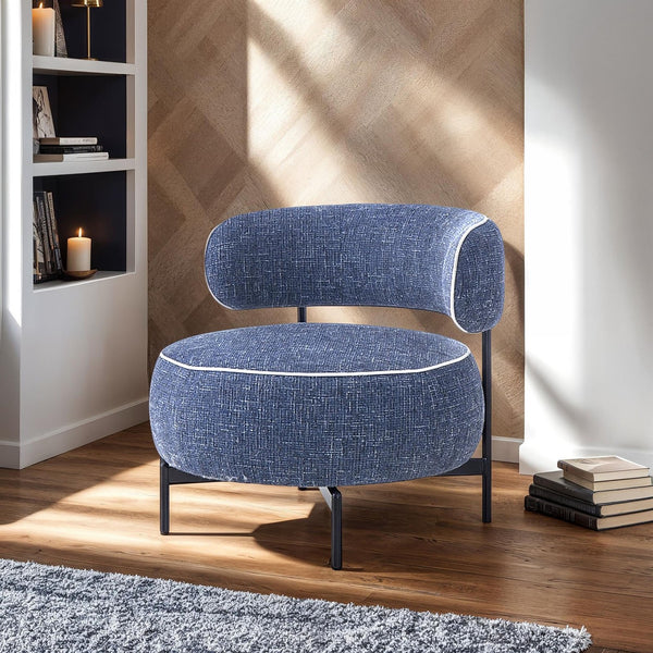 English Elm Contemporary Swivel Chair with Curved Backrest and Metal Legs, Blue Fabric, Contrast Welt Accent Dark Blue 37 L x 32 W x 12 H B2741P390562