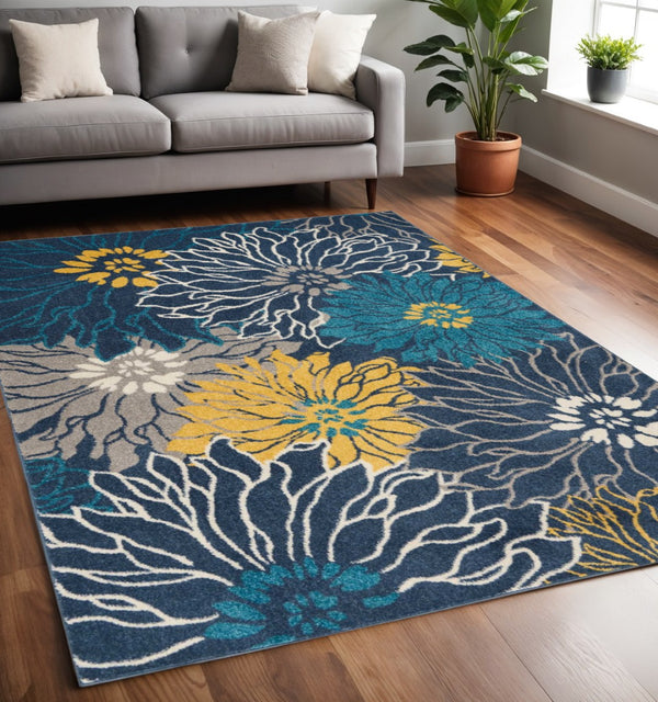 HomeRoots 5' Timeless Blue and Gold Floral Area Rug - Durable, Stylish, Noise-Reducing Focal Point for Any Room 5' x 7' 385403