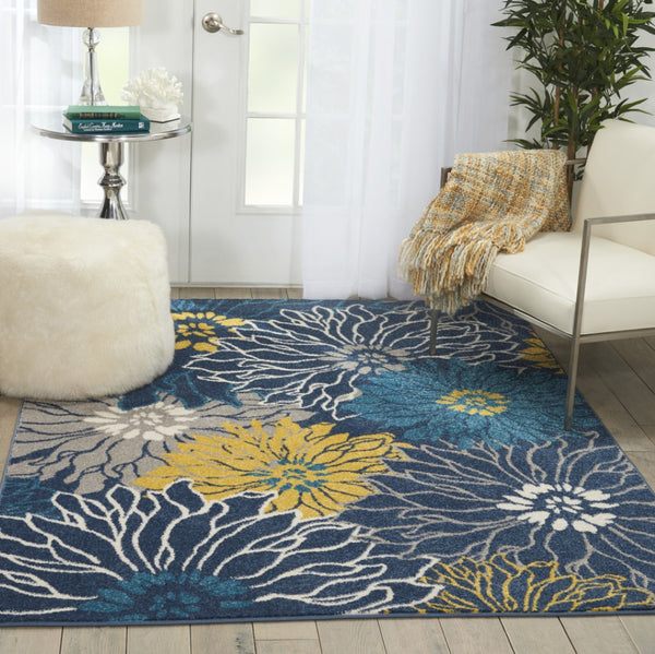 HomeRoots 5' Timeless Blue and Gold Floral Area Rug - Durable, Stylish, Noise-Reducing Focal Point for Any Room 5' x 7' 385403
