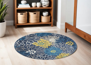 HomeRoots 5' Timeless Blue and Gold Floral Area Rug - Durable, Stylish, Noise-Reducing Focal Point for Any Room 5' Round 385404