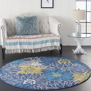HomeRoots 5' Timeless Blue and Gold Floral Area Rug - Durable, Stylish, Noise-Reducing Focal Point for Any Room 5' Round 385404