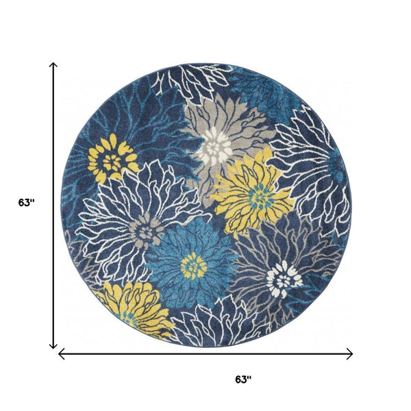 HomeRoots 5' Timeless Blue and Gold Floral Area Rug - Durable, Stylish, Noise-Reducing Focal Point for Any Room 5' Round 385404