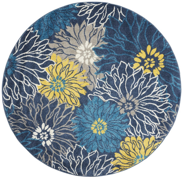 HomeRoots 5' Timeless Blue and Gold Floral Area Rug - Durable, Stylish, Noise-Reducing Focal Point for Any Room 5' Round 385404