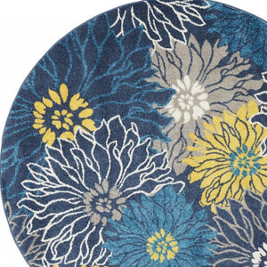 Homeroots 5' Blue Round Floral Power Loom Area Rug  Polypropylene 385404