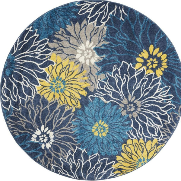 HomeRoots 5' Timeless Blue and Gold Floral Area Rug - Durable, Stylish, Noise-Reducing Focal Point for Any Room 5' Round 385404