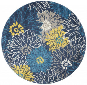 Homeroots 5' Blue Round Floral Power Loom Area Rug  Polypropylene 385404