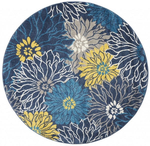 Homeroots 5' Blue Round Floral Power Loom Area Rug  Polypropylene 385404