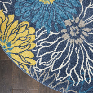 HomeRoots 5' Timeless Blue and Gold Floral Area Rug - Durable, Stylish, Noise-Reducing Focal Point for Any Room 5' Round 385404