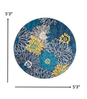 Homeroots 5' Blue Round Floral Power Loom Area Rug  Polypropylene 385404