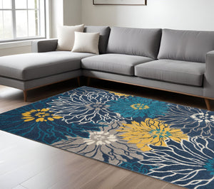 HomeRoots 5' Timeless Blue and Gold Floral Area Rug - Durable, Stylish, Noise-Reducing Focal Point for Any Room 8' x 10' 385406