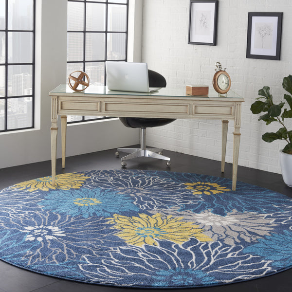 Homeroots 8' Blue Round Floral Power Loom Area Rug  Polypropylene 385407