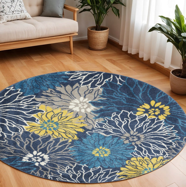 HomeRoots 5' Timeless Blue and Gold Floral Area Rug - Durable, Stylish, Noise-Reducing Focal Point for Any Room 8' Round 385407