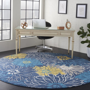 HomeRoots 5' Timeless Blue and Gold Floral Area Rug - Durable, Stylish, Noise-Reducing Focal Point for Any Room 8' Round 385407