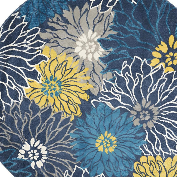 HomeRoots 5' Timeless Blue and Gold Floral Area Rug - Durable, Stylish, Noise-Reducing Focal Point for Any Room 8' Round 385407