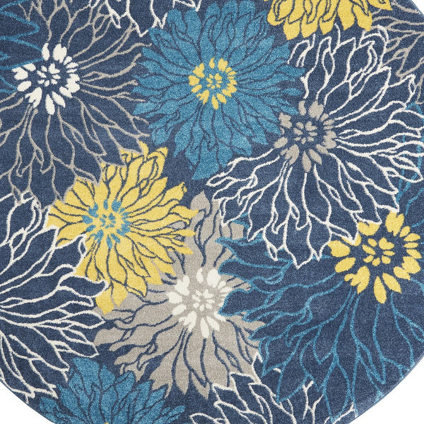 Homeroots 8' Blue Round Floral Power Loom Area Rug  Polypropylene 385407