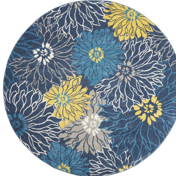 Homeroots 8' Blue Round Floral Power Loom Area Rug  Polypropylene 385407