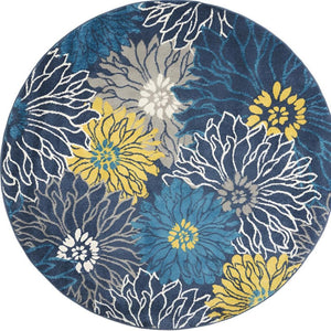 HomeRoots 5' Timeless Blue and Gold Floral Area Rug - Durable, Stylish, Noise-Reducing Focal Point for Any Room 8' Round 385407