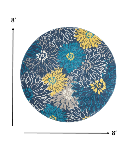 Homeroots 8' Blue Round Floral Power Loom Area Rug  Polypropylene 385407