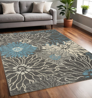 HomeRoots 5' Blue and Gray Floral Area Rug - Timeless Elegance for Living Rooms, Bedrooms, or Dining Areas 5' X 7' Rectangle 385414