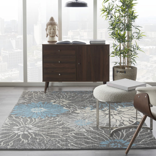 HomeRoots 5' Blue and Gray Floral Area Rug - Timeless Elegance for Living Rooms, Bedrooms, or Dining Areas 5' X 7' Rectangle 385414