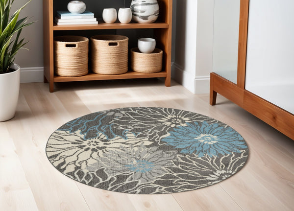 HomeRoots 5' Blue and Gray Floral Area Rug - Timeless Elegance for Living Rooms, Bedrooms, or Dining Areas 5' Round Round 385415