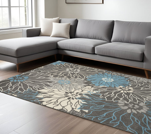 HomeRoots 5' Blue and Gray Floral Area Rug - Timeless Elegance for Living Rooms, Bedrooms, or Dining Areas 8' X 10' Rectangle 385417