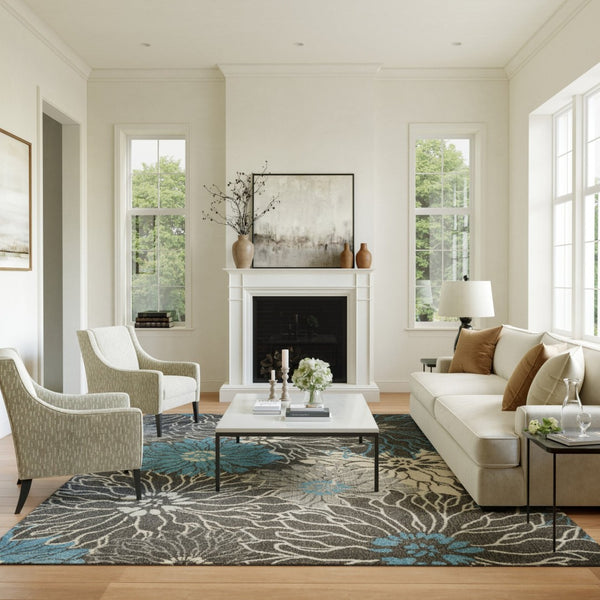 HomeRoots 5' Blue and Gray Floral Area Rug - Timeless Elegance for Living Rooms, Bedrooms, or Dining Areas 8' X 10' Rectangle 385417