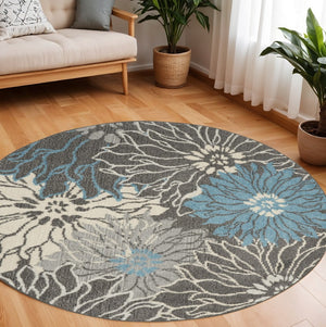 HomeRoots 5' Blue and Gray Floral Area Rug - Timeless Elegance for Living Rooms, Bedrooms, or Dining Areas 8' Round Round 385418