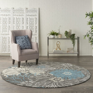 HomeRoots 5' Blue and Gray Floral Area Rug - Timeless Elegance for Living Rooms, Bedrooms, or Dining Areas 8' Round Round 385418