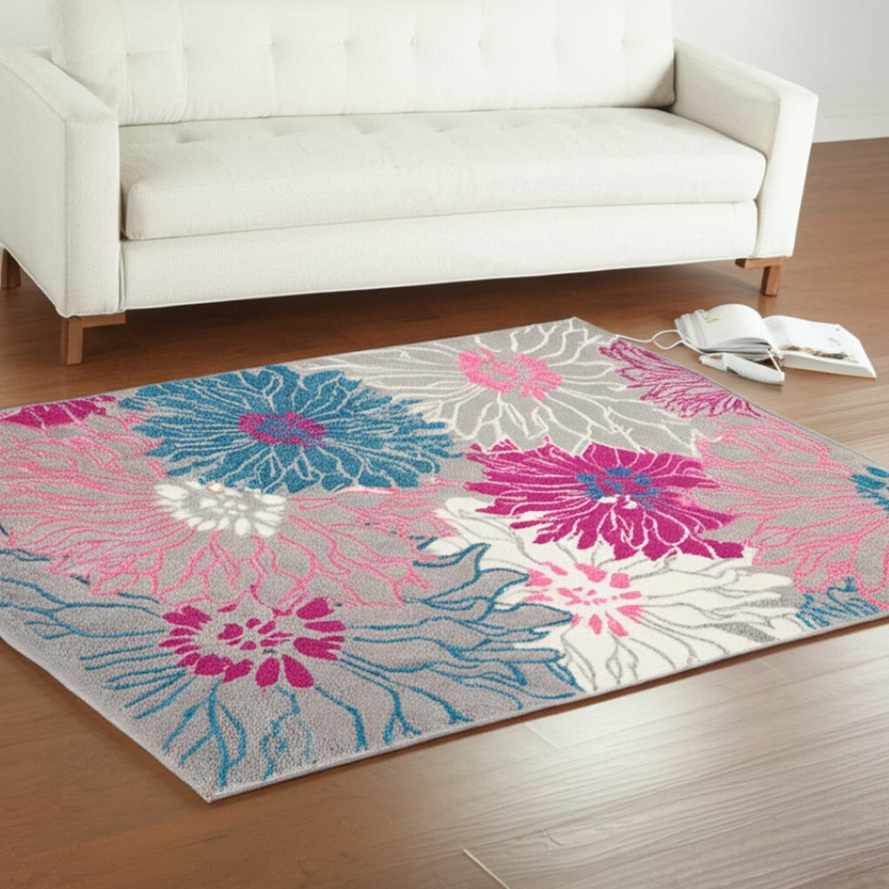 HomeRoots 5' Elevate Your Space with a Timeless Gray and Pink Floral Area Rug for Lasting Elegance and Style 5' x 7' 385425