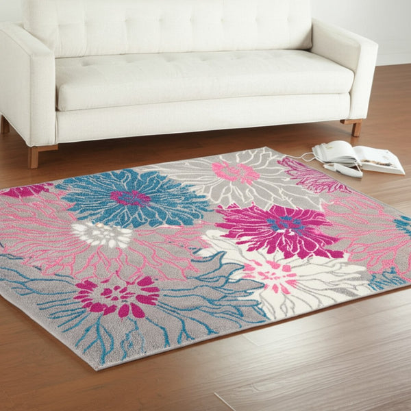 HomeRoots 5' Elevate Your Space with a Timeless Gray and Pink Floral Area Rug for Lasting Elegance and Style 5' x 7' 385425