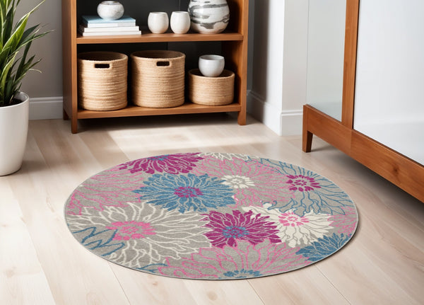HomeRoots 5' Elevate Your Space with a Timeless Gray and Pink Floral Area Rug for Lasting Elegance and Style 5' Round 385426