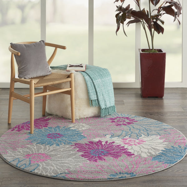 HomeRoots 5' Elevate Your Space with a Timeless Gray and Pink Floral Area Rug for Lasting Elegance and Style 5' Round 385426