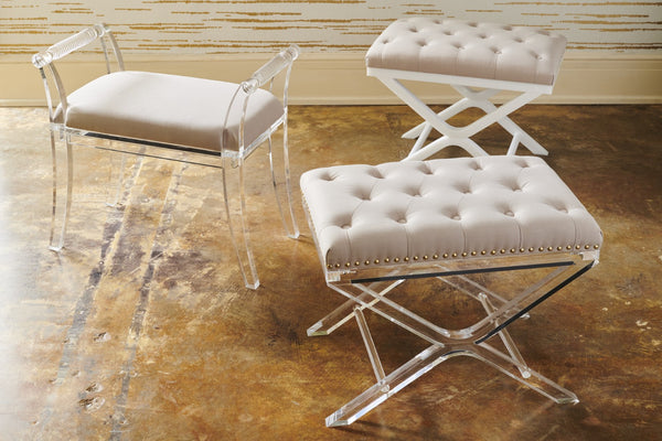 Chelsea House Soho Clear Acrylic Tufted Bench With White Muslin Seat By Bill Cain — Modern Vanity Stool, 19" H 385428