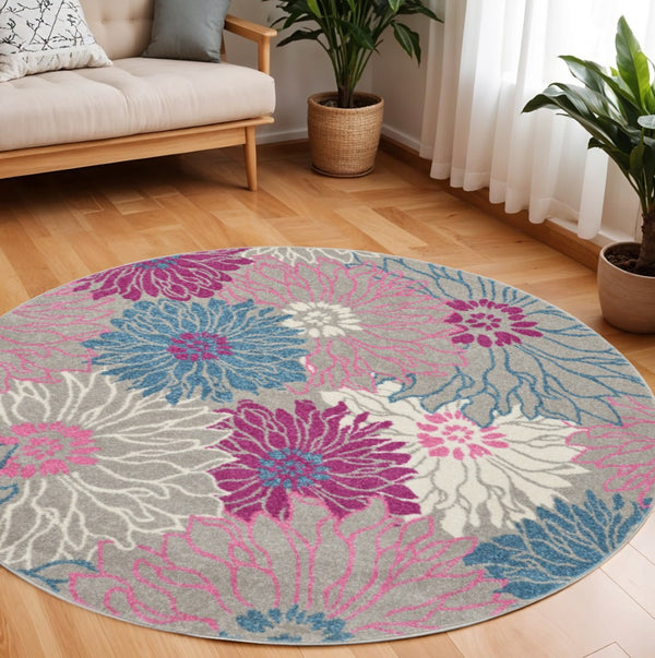 HomeRoots 5' Elevate Your Space with a Timeless Gray and Pink Floral Area Rug for Lasting Elegance and Style 8' Round 385429