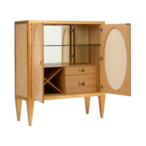 Chelsea House Petite Caned Bar Cabinet — Compact Mid‑Century Oak & Cane Beverage Station With Wine Storage, Glass Shelf, Drawers 385430