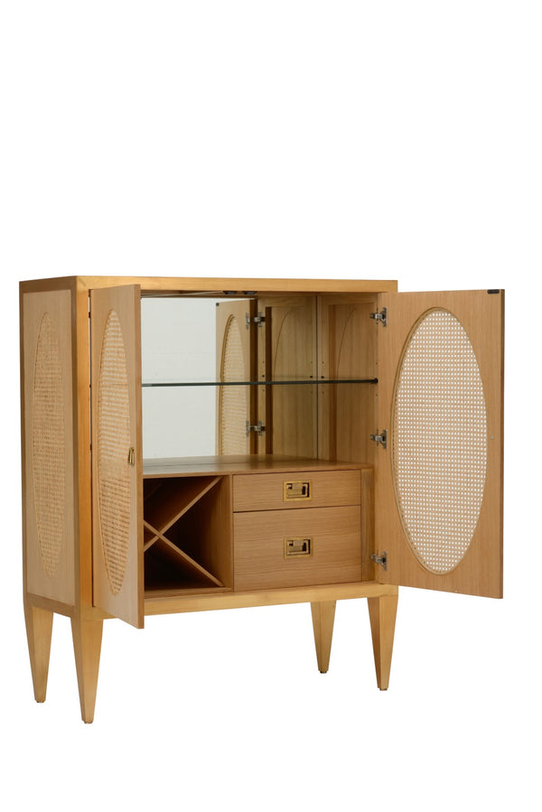 Chelsea House Petite Caned Bar Cabinet — Compact Mid‑Century Oak & Cane Beverage Station With Wine Storage, Glass Shelf, Drawers 385430