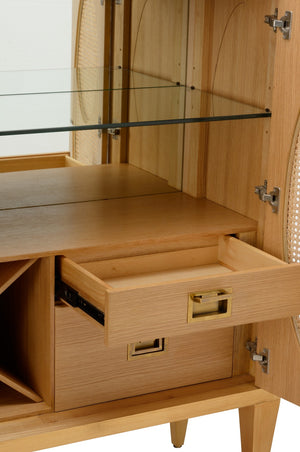 Chelsea House Petite Caned Bar Cabinet — Compact Mid‑Century Oak & Cane Beverage Station With Wine Storage, Glass Shelf, Drawers 385430