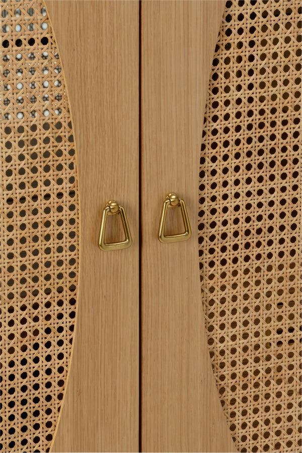 Chelsea House Petite Caned Bar Cabinet — Compact Mid‑Century Oak & Cane Beverage Station With Wine Storage, Glass Shelf, Drawers 385430