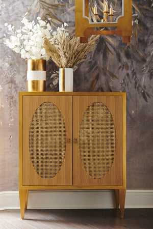 Chelsea House Petite Caned Bar Cabinet — Compact Mid‑Century Oak & Cane Beverage Station With Wine Storage, Glass Shelf, Drawers 385430