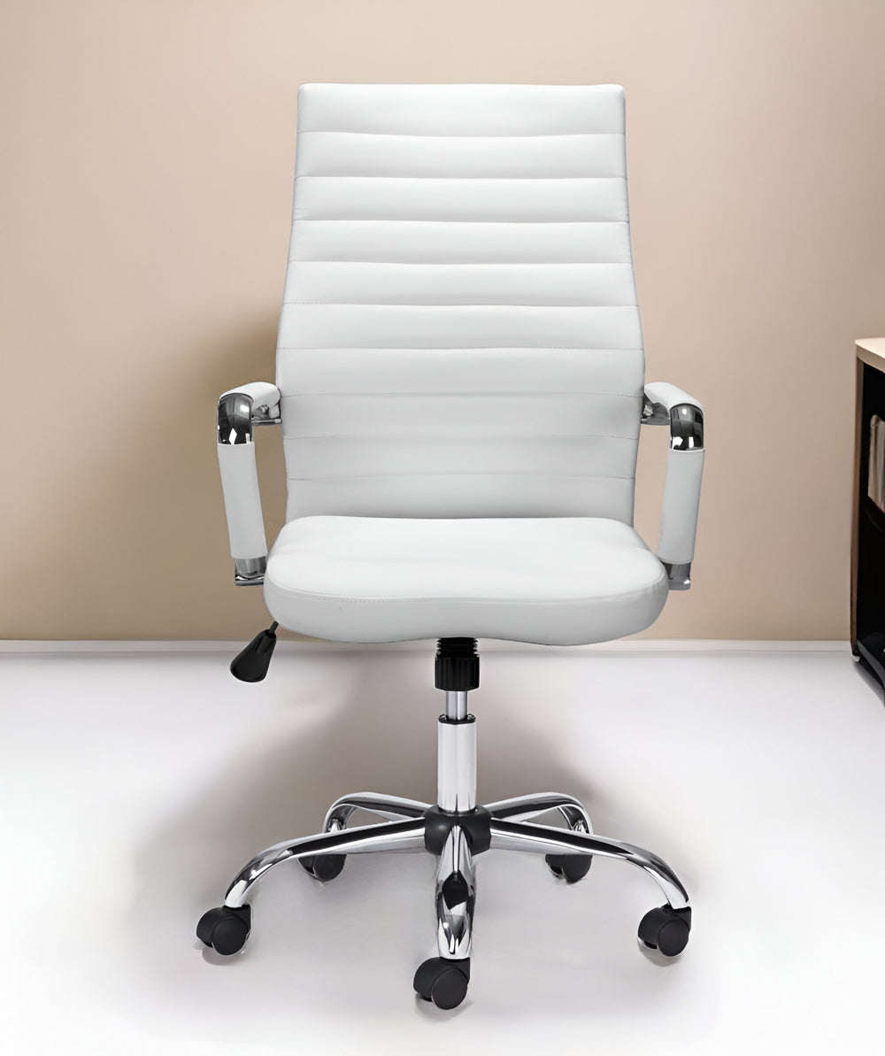 Homeroots White And Silver Adjustable Swivel Faux Leather Rolling Conference Office Chair  Steel 385451