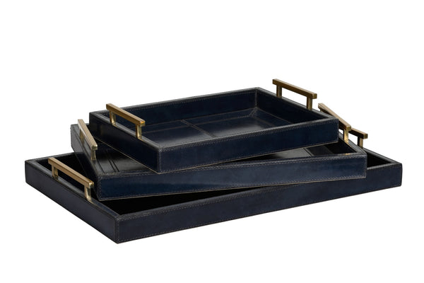 Chelsea House Assured Midnight Blue Leather Tray Set Of 3 With Antique Brass Handles — Luxe Organizer For Home Surfaces 385477