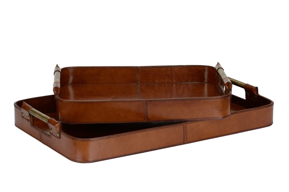 Chelsea House Gentleman Leather Trays Set Of 2 — Tan Leather With Antique Brass Handles, Structured Organizing Elegance 385479