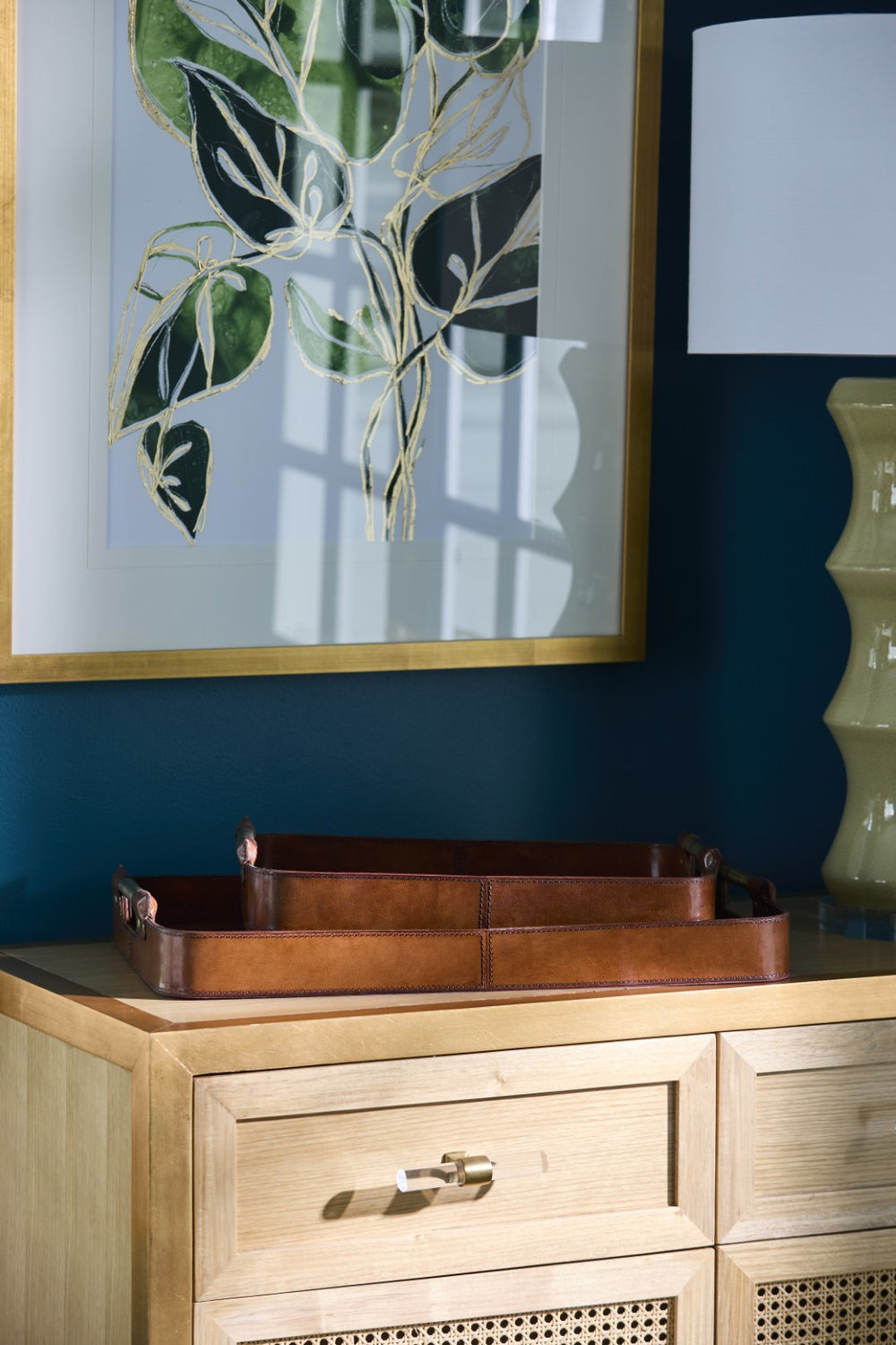 Chelsea House Gentleman Leather Trays Set Of 2 — Tan Leather With Antique Brass Handles, Structured Organizing Elegance 385479