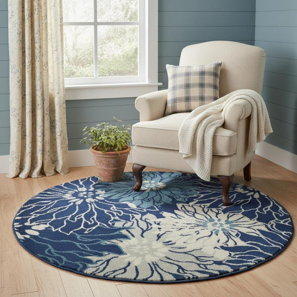 HomeRoots 5' Blue and Ivory Floral Area Rug - Timeless Elegance for Living Rooms & High-Traffic Spaces 5? Round 385480